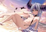  1girl absurdres black_swimsuit blush demon_girl demon_horns dress flat_chest highres hololive horns la+_darknesss long_hair looking_at_viewer multicolored_hair navel ocean partially_submerged purple_dress shiny shiny_hair shiny_skin silver_hair sitting slingshot_swimsuit solo streaked_hair striped_horns swimsuit trap_(drthumt) virtual_youtuber water wet yellow_eyes 