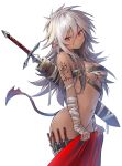  1girl absurdres bandaged_arm bandages belt beltbra blush bottomless breasts covering dark-skinned_female dark_skin deluxe&lt;&lt;&lt; hair_between_eyes highres holster long_hair looking_at_viewer medium_breasts messy_hair navel nude original pointy_ears red_eyes revision sheath sheathed simple_background solo standing sword tail tattoo thigh_holster tsurime weapon white_background white_hair 