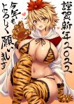  1girl absurdres animal_hands black_hair blonde_hair breasts chinese_zodiac claws fang highres hijikawa_arashi large_breasts multicolored_hair open_mouth paw_pose short_hair solo streaked_hair tiger toramaru_shou touhou two-tone_hair year_of_the_tiger yellow_eyes 