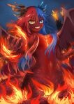  1girl absurdres areola_slip areolae bangs bare_arms bare_back bare_legs bare_shoulders blue_eyes blue_hair blue_horns bottomless breasts bright_pupils censored claws cleavage colored_skin commission commissioner_upload completely_nude crotch dark_areolae dragon_girl dragon_horns eyebrows_visible_through_hair fang fire gradient_horns hair_between_eyes hair_over_breasts heterochromia highres horns inferna_dragnis large_breasts long_hair looking_at_viewer magic monster_girl multicolored_hair multicolored_horns navel night night_sky nude original pointy_ears red_hair red_horns red_skin scales sky smile solo split-color_hair tail topless transformation two-tone_hair usagi1923 very_long_hair volcano white_pupils wings 