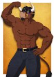  abs ahriman_harken anthro black_nipples bottomwear bovid bovine brown_body brown_fur cattle clothed clothing facial_tattoo flexing fur hi_res horn male mammal muscular muscular_anthro muscular_male nipples pants solo symbolhero tattoo topless 