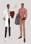  2boys beard black_eyes black_hair black_panther_(film) bouquet dark-skinned_male dark_skin facial_hair formal gift hairlocs killmonger male_focus marvel marvel_cinematic_universe matsu_(bandan) multiple_boys red_shirt shirt suit suspenders t&#039;challa 