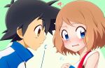  1boy 1girl ? ?? ash_ketchum bangs bare_arms black_hair blue_eyes blue_jacket blush brown_eyes brown_hair closed_mouth commentary_request eyelashes flying_sweatdrops from_side highres jacket kouzuki_(reshika213) looking_away medium_hair open_mouth pokemon pokemon_(anime) pokemon_xy_(anime) serena_(pokemon) short_hair sleeveless staring textless tongue upper_body 