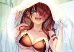  1girl amadarel bandaid bandaid_on_shoulder black_eyes bra breasts cleavage collarbone ear_piercing fang hair_over_one_eye lain_paterson medium_breasts nijisanji one_eye_covered open_mouth piercing portrait red_bra skin_fang smile solo strapless strapless_bra under_covers underwear virtual_youtuber 