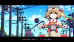  1girl ascot bangs black_border blonde_hair blue_sky border building closed_mouth cloud collared_shirt crystal driving flandre_scarlet ground_vehicle helmet highres looking_at_viewer motor_vehicle motorcycle one_side_up outdoors rankasei red_eyes red_vest shirt short_sleeves sky skyscraper solo touhou translation_request vest white_shirt wings yellow_ascot 