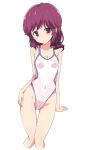  1girl :o breasts cleavage collarbone commentary_request covered_navel eyebrows_visible_through_hair highres looking_at_viewer machikado_mazoku mel_(melty_pot) one-piece_swimsuit purple_eyes purple_hair short_hair simple_background small_breasts solo swimsuit white_background white_swimsuit yoshida_ryouko 