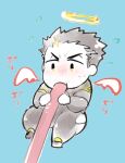  1boy blush bodysuit chibi drinking facial_hair fiery_wings flaming_halo flying full_body hip_vent male_focus miniboy muscular muscular_male nose_blush po_fu short_hair sketch skin_tight spot_color stubble tokyo_afterschool_summoners translation_request wings zabaniya_(housamo) 
