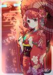  1girl bafarin bangs breasts flower hair_flower hair_ornament highres holding holding_umbrella japanese_clothes kimono large_breasts new_year oil-paper_umbrella parasol pyra_(xenoblade) red_hair red_kimono short_hair swept_bangs umbrella xenoblade_chronicles_(series) xenoblade_chronicles_2 