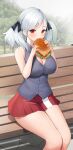  1girl absurdres bare_legs beef bench black_ribbon blush breasts burger cheese cleavage commission day dripping eating feet_out_of_frame food food_on_breasts girls&#039;_frontline grey_shirt hair_ribbon highres holding holding_food large_breasts lettuce long_hair looking_at_viewer miniskirt neko_lu_(wofud453) on_bench outdoors park_bench pleated_skirt red_eyes red_skirt ribbon shirt silver_hair sitting skirt sleeveless sleeveless_shirt solo spas-12_(girls&#039;_frontline) thighs tomato_slice twintails 
