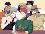  5boys absurdres birthday_cake birthday_party black_hair box cake candle cardboard_box cherry dark-skinned_male dark_skin earrings fedora food fruit gakuran grey_hair hat highres jewelry jojo_no_kimyou_na_bouken kakyoin_noriaki male_focus multiple_boys red_eyes red_hair road9ame school_uniform stardust_crusaders sweat thumbs_up 