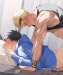  2boys arm_tattoo bara bed black_hair black_tank_top blonde_hair blue_hoodie blush clothes_lift crying crying_with_eyes_open cum earrings ejaculation erection hao_(haozz) hood hood_down hoodie implied_anal implied_sex jewelry large_pectorals lifted_by_self lying male_focus multicolored_hair multiple_boys muscular muscular_male nude on_bed on_stomach original pectorals penis pillow pillow_grab reward_available short_hair streaming_tears sweat sweatdrop tank_top tattoo tears tongue tongue_out two-tone_hair undercut yaoi 