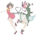  2girls animal_ear_fluff animal_ears artist_request black_bow black_ribbon bow braid brown_eyes brown_footwear brown_hair cat_ears cat_tail chen chinese_clothes dress fang fangs friends frills ghost green_dress green_headwear heart high_heels hitodama holding holding_with_tail kaenbyou_rin leg_ribbon looking_at_viewer multiple_girls multiple_tails necktie open_mouth paw_pose prehensile_tail red_dress red_eyes red_footwear red_hair ribbon short_hair skull slit_pupils smile source_request tail touhou twin_braids two_tails white_background yellow_bow 