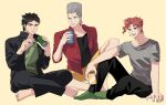  3boys absurdres barefoot black_hair can casual earrings green_legwear grey_hair grey_shirt hat hat_removed headwear_removed highres jean_pierre_polnareff jewelry jojo_no_kimyou_na_bouken kakyoin_noriaki long_coat male_focus multiple_boys no_hat no_headwear pink_hair red_hair red_shirt road9ame shirt shorts stardust_crusaders t-shirt 