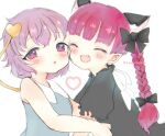  2girls :3 animal_ears black_bow blush bow cat_ears chibi closed_eyes collar dress extra fangs green_dress heart highres hug kaenbyou_rin komeiji_satori long_hair multiple_girls nudge one-hour_drawing_challenge open_mouth pink_eyes pointy_ears puffy_short_sleeves puffy_sleeves purple_eyes purple_hair red_hair renakobonb short_hair short_sleeves signature sketch sleeveless smile touhou white_background white_collar 