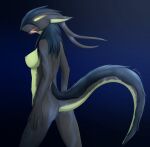  anthro black_body black_fur blue_body blue_fur blue_hair breasts butt dragon female fur furred_dragon giru giru_(artist) glowing glowing_eyes hair hand_on_leg hand_on_thigh hi_res horn long_hair looking_at_viewer looking_back nipples raised_tail solo tongue tongue_out yellow_body yellow_eyes yellow_fur 