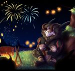  black_body bottomwear campfire chest_tuft clothed clothing cooking embrace fire fireworks food genshin_impact group hi_res hilichurl lamp lantern loincloth male mane meat mitachurl night sky_lantern tuft video_games 