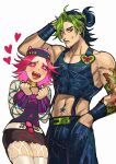  1boy 1girl bare_shoulders black_hair cao_hong_anh drooling fishnet_legwear fishnets genderswap genderswap_(ftm) genderswap_(mtf) green_eyes green_hair green_lips highres jojo_no_kimyou_na_bouken kujo_jolyne midriff multicolored_hair muscular muscular_male narciso_anasui pink_eyes pink_hair short_hair star-shaped_pupils star_(symbol) stone_ocean sweatdrop symbol-shaped_pupils tattoo thighhighs two-tone_hair 