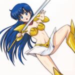  1girl armor armored_boots asou_yuuko bangs bikini_armor blue_eyes blue_hair blush boots breasts cleavage commentary_request dutch_angle eyelashes gem gold_armor holding holding_sword holding_weapon knee_boots long_hair midriff miniskirt mugen_senshi_valis navel open_mouth red_bandana red_scarf revealing_clothes scarf shoulder_pads simple_background skirt stomach sword t_jiroo_(ringofriend) thighs valis vambraces very_long_hair weapon white_background white_skirt 