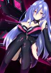  1girl absurdres blue_hair blush breasts earrings elbow_gloves eyebrows_visible_through_hair gloves hair_between_eyes hatsune_haruka highres iris_heart jewelry kami_jigen_game_neptune_v large_breasts long_hair navel neptune_(series) pink_eyes power_symbol solo symbol-shaped_pupils 