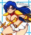 1girl arm_shield armor armored_boots asou_yuuko bangs bikini_armor blue_eyes blue_hair blush boots breasts cleavage closed_mouth gem gold_armor holding holding_sword holding_weapon knee_boots large_breasts long_hair metal midriff miniskirt mochiya_anko mugen_senshi_valis red_bandana red_scarf revealing_clothes sample scarf shield shoulder_pads skirt sweat sword thighs valis vambraces weapon white_skirt 