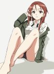  1girl arm_support bare_legs barefoot eyebrows_visible_through_hair hand_in_hair highres jacket looking_at_viewer minna-dietlinde_wilcke red_eyes red_hair shirt simple_background sitting smile strike_witches tomitsuka underwear undone_necktie world_witches_series 