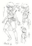  1girl armor artist_request bikini_armor cham_(valis) character_sheet closed_mouth concept_art eyelashes fangs highres horns knee_pads knife monochrome mugen_senshi_valis multiple_views official_art pauldrons pointy_ears short_hair shorts shoulder_armor shoulder_pads simple_background single_horn smile standing thigh_strap white_background 