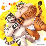  2022 anthro asian_clothing belly blue_eyes bulge clothing duo east_asian_clothing eyewear felid fundoshi glasses hombretigre humanoid_hands japanese_clothing kemono licho_(tas) lifewonders male mammal navel omochiwotakusan orange_body overweight overweight_male pantherine tiger tokyo_afterschool_summoners underwear video_games white_body white_clothing white_fundoshi white_underwear 
