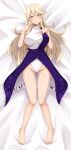  1girl absurdres bangs bare_legs bare_shoulders barefoot bed blonde_hair blush breasts buttons closed_mouth dress eyebrows_visible_through_hair hair_between_eyes hand_on_own_chest hands_up highres large_breasts leaf leaf_print long_hair looking_at_viewer looking_up lying no_hat no_headwear purple_dress smile solo swimsuit touhou watatsuki_no_toyohime white_swimsuit wuwusan yellow_eyes 