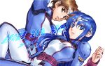  1boy 1girl bangs blue_eyes blue_hair breasts brown_eyes eyebrows_visible_through_hair hair_behind_ear head_tilt highres jinto lafiel long_hair looking_to_the_side medium_breasts parted_lips pilot_suit pointy_ears seikai_no_senki white_background yonemura_kouichirou 