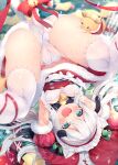  1girl animal_ears aqua_eyes arms_up ass azur_lane bangs bell blurry blurry_background blush cat_ears cat_tail character_request christmas christmas_ornaments eyebrows_visible_through_hair grey_hair hammann_(azur_lane) highres maid_headdress manjuu_(azur_lane) neck_bell open_mouth over-kneehighs panties partially_visible_vulva red_ribbon ribbon santa_dress shiira_(nya_rl) sidelocks solo tail tail_bell tail_ornament thighhighs thighs underwear upside-down wavy_mouth white_hair white_legwear white_panties 