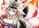  1girl animal_ear_fluff animal_ears bangs bare_shoulders beast_iv:l blonde_hair breasts cleavage detached_collar extra_ears eyeliner fate/grand_order fate_(series) fox_ears fox_girl fox_tail fur_collar grin hair_between_eyes headpiece japanese_clothes kimono koyanskaya_(fate) large_breasts long_hair long_sleeves looking_at_viewer makeup off_shoulder rope sash sidelocks smile solo tail tamamo_(fate) thighs tohoho_(hoshinoyami) very_long_hair white_kimono wide_sleeves yellow_eyes 