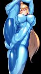  1girl arms_up ass bangs black_background blonde_hair blue_bodysuit blue_eyes blush bodice bodysuit breasts closed_mouth commentary_request eyelashes hair_between_eyes high_ponytail highres holding_leg large_breasts lips long_hair long_sleeves looking_at_viewer metroid one_eye_closed plugsuit ponytail samus_aran simple_background skin_tight smile solo split standing standing_on_one_leg standing_split thick_thighs thighs toned volyz zero_suit 