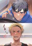  2boys anger_vein angry black_hair black_male_underwear black_tank_top blonde_hair blue_hoodie blush bulge crotch_grab earrings hao_(haozz) hood hood_down hoodie jewelry looking_at_another male_focus male_underwear multicolored_hair multiple_boys open_mouth original reward_available short_hair smile tank_top translation_request two-tone_hair undercut underwear yaoi 