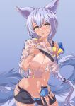  1girl :o absurdres animal_ears arknights bangs bikini bikini_lift bikini_tan black_bikini black_shorts blue_background blue_bikini blue_gloves blush breasts breasts_outside clothes_lift clothes_pull collared_shirt commission cowboy_shot fingerless_gloves gloves gradient gradient_background highres large_tail lifted_by_self looking_at_viewer mismatched_bikini navel nipple_slip nipples nose_blush off_shoulder official_alternate_costume open_mouth provence_(arknights) provence_(casual_vacation)_(arknights) pulled_by_self purple_hair sajimaririri shirt short_hair shorts shorts_pull single_bare_shoulder single_glove skeb_commission solo stomach swimsuit tail tan tanlines undressing wet wolf_ears wolf_girl wolf_tail wristband yellow_eyes 