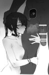  1boy 1girl bar_censor blush breast_press breasts censored choker dark-skinned_male dark_skin earrings grey_background greyscale half-closed_eyes hand_on_another&#039;s_head highres interracial jewelry kissing_thigh large_breasts large_penis leg_cling lipstick_mark looking_at_viewer mole mole_under_eye monochrome navel_piercing nipples original penis piercing ponytail queen_of_spades_symbol ratatatat74 red_eyes spade_(shape) spade_earrings 