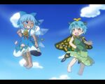  2girls antennae aqua_hair barefoot blue_bow blue_dress blue_eyes blush bow butterfly_wings cirno collared_shirt detached_wings dress eternity_larva eyebrows_visible_through_hair fairy flower green_dress grin hair_between_eyes hair_bow highres ice ice_wings leaf leaf_on_head letterboxed morning_glory multicolored_clothes multicolored_dress multiple_girls one_eye_closed open_mouth orange_eyes pink_flower puffy_short_sleeves puffy_sleeves round_teeth shirt short_hair short_sleeves single_strap smile tanned_cirno teeth tomato_chip touhou upper_teeth white_shirt wings yellow_flower 