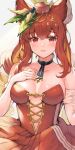  1girl animal_ears anthuria bangs bare_shoulders blue_choker blue_ribbon blush breasts choker cleavage collarbone commentary_request cross-laced_slit dress erune eyebrows_visible_through_hair granblue_fantasy hair_ornament hand_on_own_chest hand_up hat highres koretsuki_azuma long_hair looking_at_viewer medium_breasts open_mouth red_dress red_eyes red_hair red_headwear revision ribbon ribbon_choker solo strapless strapless_dress upper_body 