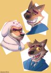  2022 absurd_res animal_costume anthro blue_clothing canid canine canis clothing disguise dreamworks hi_res mammal mr._wolf_(the_bad_guys) open_mouth simple_background suit teeth the_bad_guys unamused wearyfren wolf 