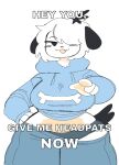  2022 :3 anthro belly big_breasts biped black_ears black_nose black_tail blue_bottomwear blue_clothing blue_hoodie blue_pants blue_topwear bone bottomwear breasts canid canine canis clothed clothing cute_fangs dark_panties dialogue digital_media_(artwork) domestic_dog english_text female floppy_ears fur gesture hair hair_over_eye half-closed_eyes hand_on_hip hi_res hoodie image_macro mammal meme narrowed_eyes one_eye_obstructed pants pawpads pink_belly pink_pawpads pink_tongue pointing pointing_at_viewer puppychan puppychan48 shaded short_hair simple_background simple_shading solo standing talking_to_viewer text tongue topwear white_background white_body white_fur 