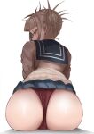  1girl absurdres ass ass_focus bags_under_eyes bangs blonde_hair blue_sailor_collar blue_skirt blunt_bangs boku_no_hero_academia cardigan double_bun from_behind hair_up highres invisible_chair looking_at_viewer looking_back messy_hair narrowed_eyes panties pleated_skirt red_panties sailor_collar school_uniform serafuku shadow sidelocks simple_background sitting skirt slit_pupils solo toga_himiko underwear white_background yellow_cardigan yellow_eyes zd_(pixiv6210083) 