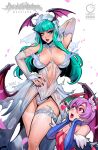  2girls arm_behind_head arm_up bangs banned_artist blue_gloves blunt_bangs breasts cleavage demon_girl demon_wings dress elbow_gloves eyeshadow fingerless_gloves gloves green_eyes green_hair head_wings heart highres large_breasts latex latex_gloves lilith_aensland long_hair looking_at_another looking_at_viewer makeup morrigan_aensland multiple_girls open_mouth parted_lips pink_hair purple_eyeshadow purple_lips purple_nails red_eyes reiq second-party_source short_hair small_breasts vampire_(game) white_dress wings 