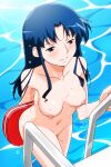  1girl bangs behind_back blue_eyes blue_hair blush breasts climbing collarbone completely_nude eyebrows_visible_through_hair from_above fujiwara_aya kickboard long_hair medium_breasts navel nipples nude official_art photoshop_(medium) pool pool_ladder solo super_real_mahjong tanaka_ryou water wet wet_hair 