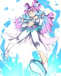  1girl bare_shoulders blue_hair clenched_hands clenched_teeth commentary_request cure_la_mer detached_sleeves gradient_hair highres konboi-eg laura_la_mer long_hair magical_girl midriff multicolored_hair navel pink_eyes pink_hair precure smile solo teeth tropical-rouge!_precure two-tone_hair white_background 