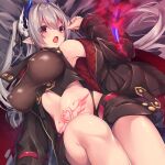  1girl breasts demon_girl demon_tail hetaren_(ramark) highres horns large_breasts open_mouth original pointy_ears red_eyes solo tail twintails white_hair 