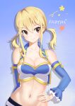  1girl absurdres bangs bare_shoulders blonde_hair blue_background blue_vest breasts brown_eyes chinese_commentary cleavage commentary_request copyright_name detached_sleeves eyebrows_visible_through_hair fairy_tail fairy_tail_logo groin hair_between_eyes hand_on_hip highres long_hair long_sleeves looking_at_viewer lucy_heartfilia medium_breasts midriff navel qi_(kanjianwoqingtixingwoquhuahua) smile solo stomach strapless tube_top twintails upper_body vest 