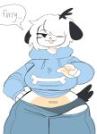  2022 :3 anthro belly big_breasts biped black_ears black_nose black_tail blue_bottomwear blue_clothing blue_hoodie blue_pants blue_topwear bone bottomwear breasts canid canine canis clothed clothing cute_fangs dark_panties dialogue digital_media_(artwork) domestic_dog english_text female floppy_ears fur gesture hair hair_over_eye half-closed_eyes hand_on_hip hi_res hoodie mammal narrowed_eyes one_eye_obstructed pants pawpads pink_belly pink_pawpads pink_tongue pointing pointing_at_viewer puppychan puppychan48 shaded short_hair simple_background simple_shading solo speech_bubble standing talking_to_viewer text tongue topwear white_background white_body white_fur 