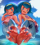  2girls :d bare_arms barefoot blue_eyes blue_hair blue_pants blush bright_pupils character_print cloud commentary day feet from_below hairband hand_up harper_(pokemon) highres holding holding_clothes holding_footwear looking_at_viewer multiple_girls no_sclera open_mouth outdoors pants pink_shirt pokemon pokemon_(anime) pokemon_sm_(anime) purinsoul sarah_(pokemon) shellder shirt short_hair siblings sisters sky sleeveless sleeveless_shirt slowpoke smile soles teeth toes tongue upper_teeth white_pupils yellow_hairband yellow_shirt 