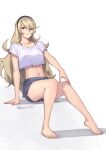  1girl alternate_costume arm_support bangs bare_legs barefoot black_hairband blonde_hair bra_strap breasts corrin_(fire_emblem) corrin_(fire_emblem)_(female) crop_top english_commentary feet fire_emblem fire_emblem_fates frown full_body gradient gradient_background grey_background hair_between_eyes hairband hand_on_own_knee legs long_hair looking_at_viewer medium_breasts navel phrecklesart red_eyes shadow shirt short_sleeves shorts sidelocks signature sitting solo stomach thighs toes white_background white_shirt 