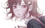  1girl bangs brown_hair collared_shirt danganronpa_(series) danganronpa_2:_goodbye_despair galaga hair_ornament hairclip jacket looking_at_viewer medium_hair nanami_chiaki neck_ribbon pink_eyes pink_ribbon portrait ribbon shirt simple_background tears white_background wonchul 