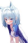  1girl animal_ear_fluff animal_ears bangs blue_archive blue_eyes blush breasts closed_mouth cross_hair_ornament eyebrows_visible_through_hair eyelashes fox_ears hair_intakes hair_ornament highres ju-ok long_hair looking_at_viewer shiny shiny_hair shiroko_(blue_archive) short_sleeves silver_hair simple_background small_breasts solo sportswear upper_body white_background 